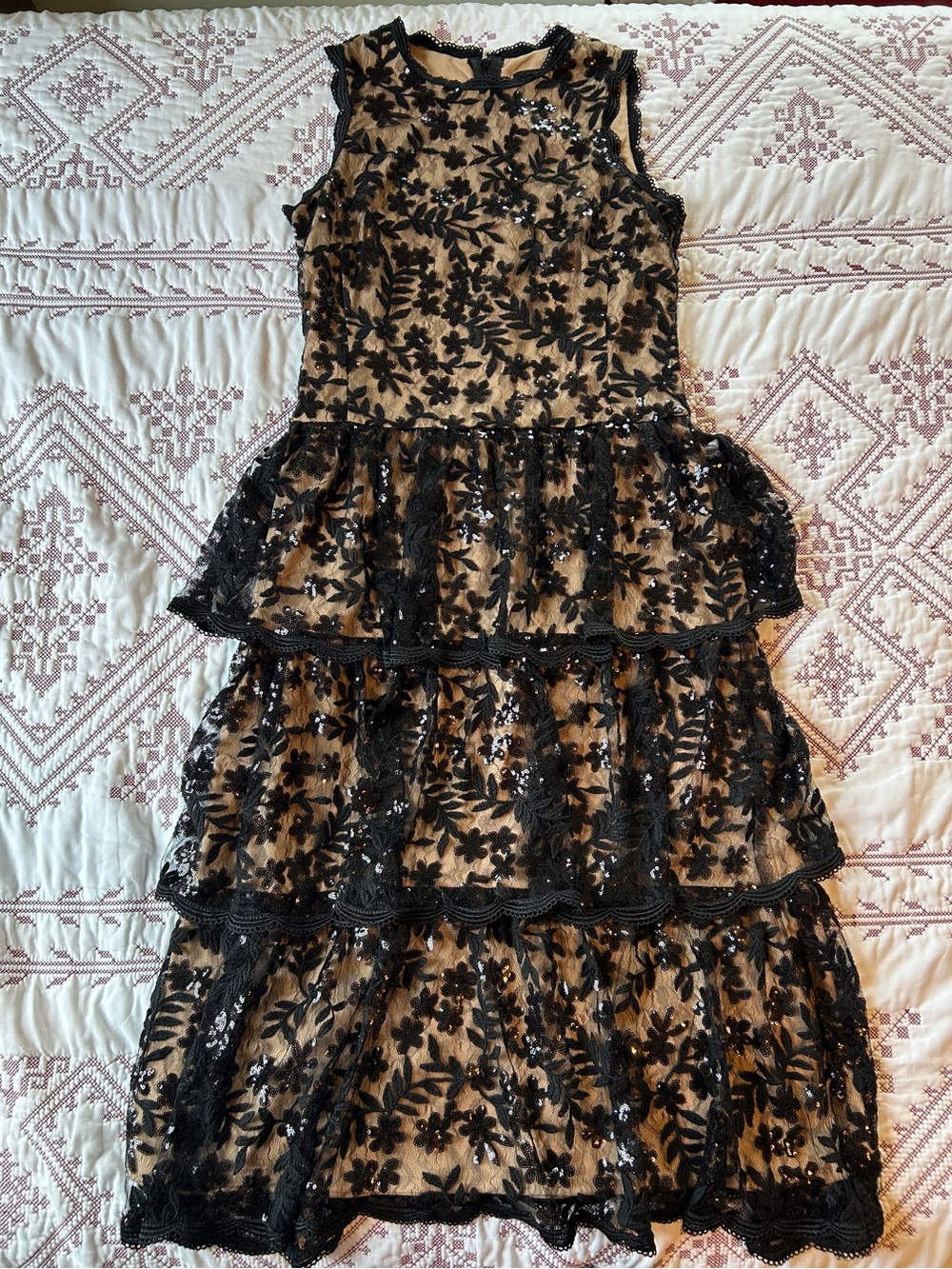 Taylor Black Floral Lace Tiered Dress with Nude Underlay